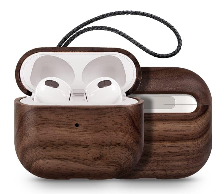 Wooden Case Cover for AirPods 3rd Generation with Leather Lanyard & Box, Hand Polished & Handcrafted - (Walnut-Air Pods 3)